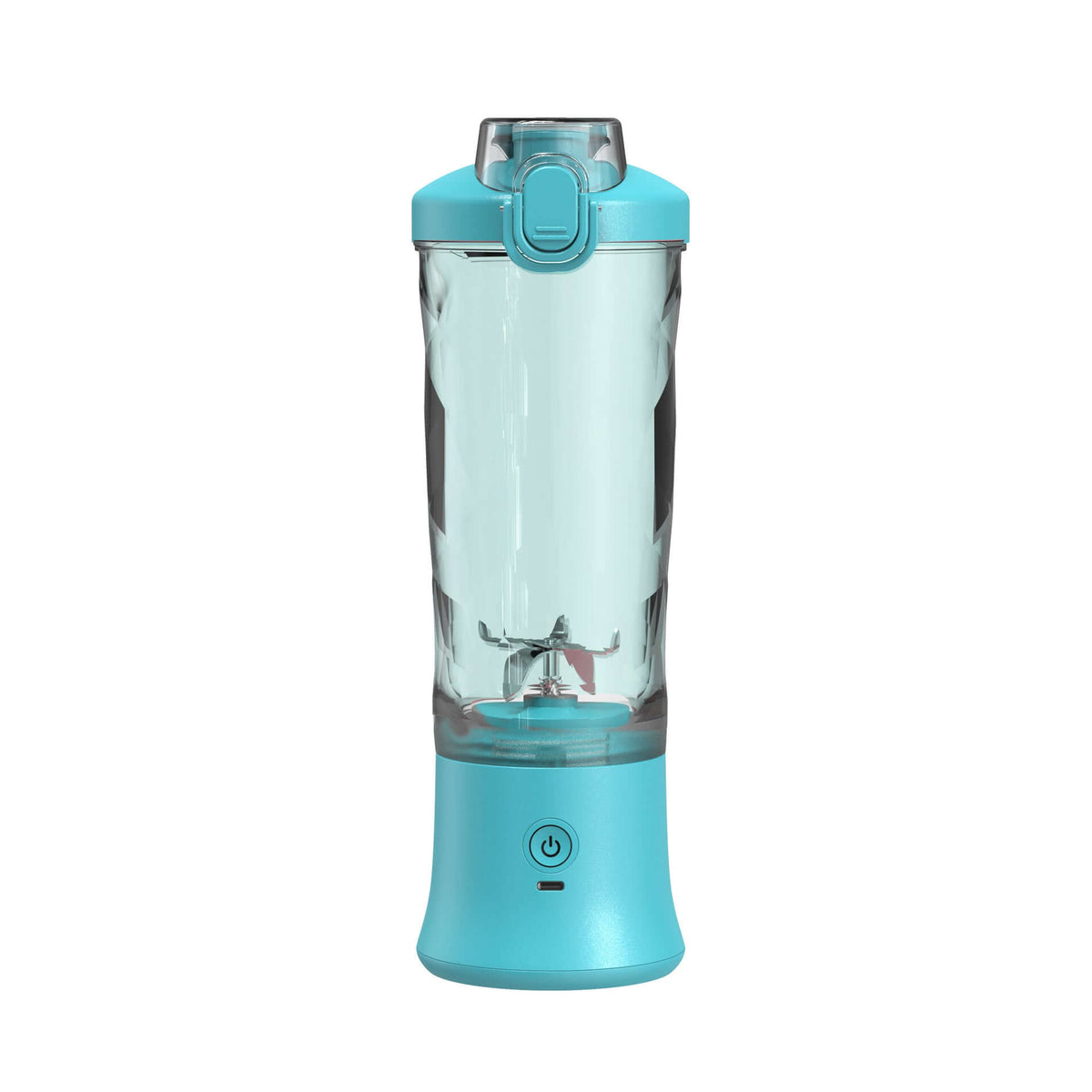 Mini Blender in turquoise color with transparent body and 6-blade design for smoothies and shakes.