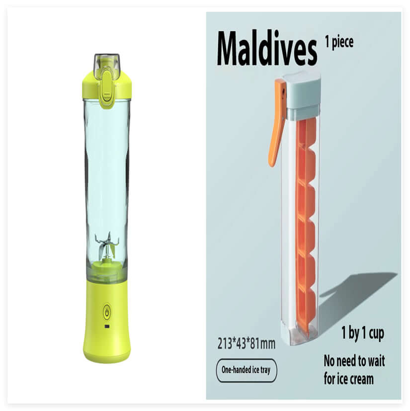 Mini Blender with a unique design and an accompanying one-handed ice tray for easy blending and cooling.