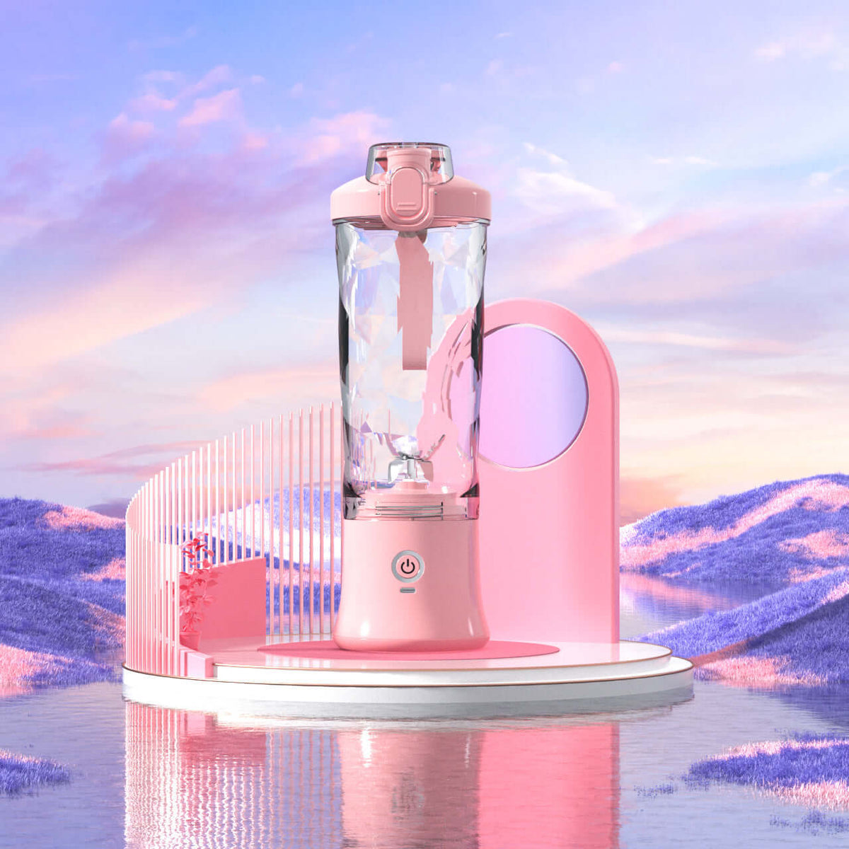 Mini Blender on a decorative platform with a scenic background, showcasing its sleek pink design and glass container.