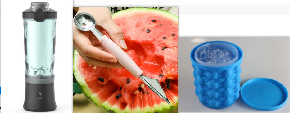 Image of a Mini Blender, a watermelon scooper, and a blue silicone storage container.
